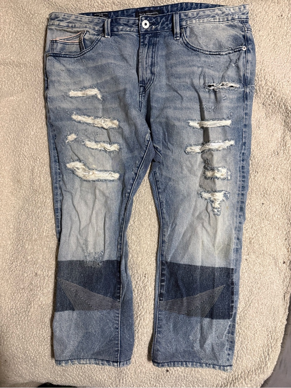 Cult of Individuality Men's Distressed Light Blue Denim Jeans